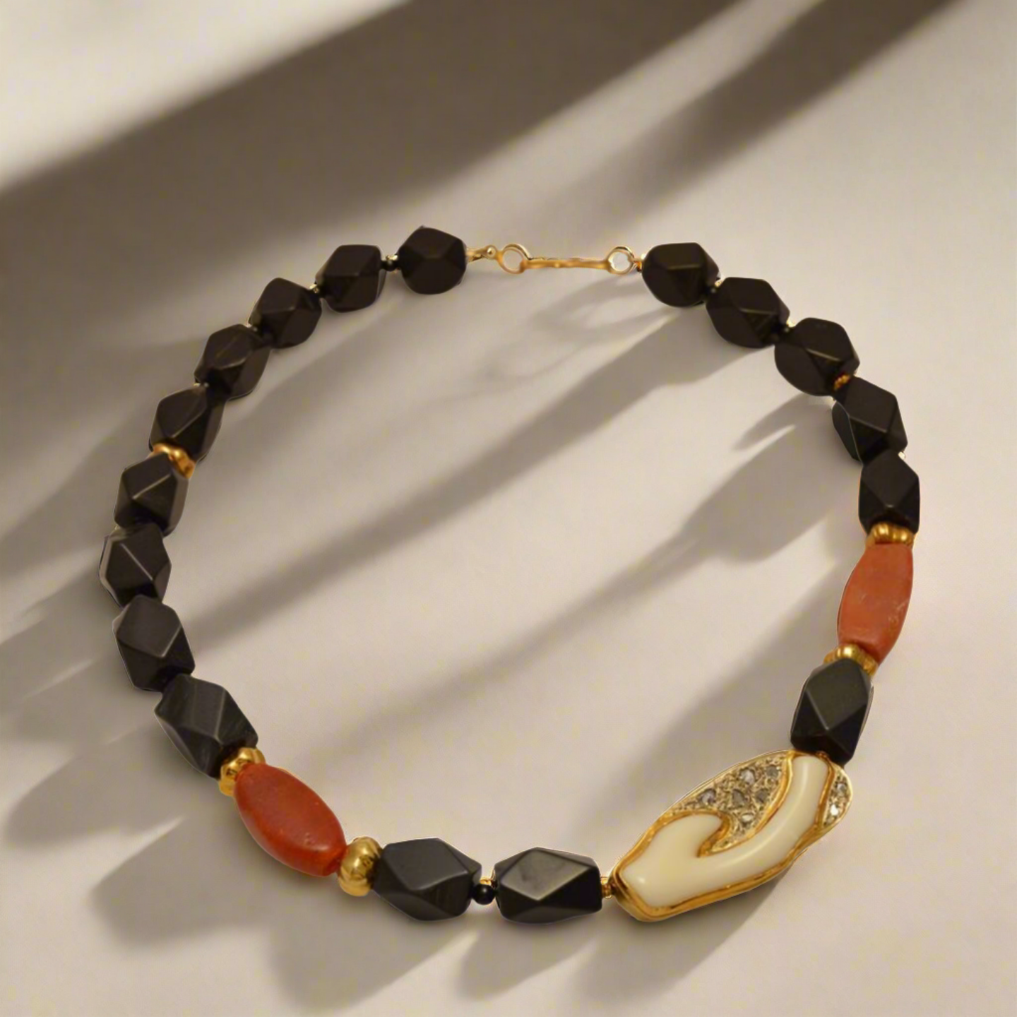 Necklace with Black Obsidian, Carnelian, Coral with Diamonds and 18k gold elements