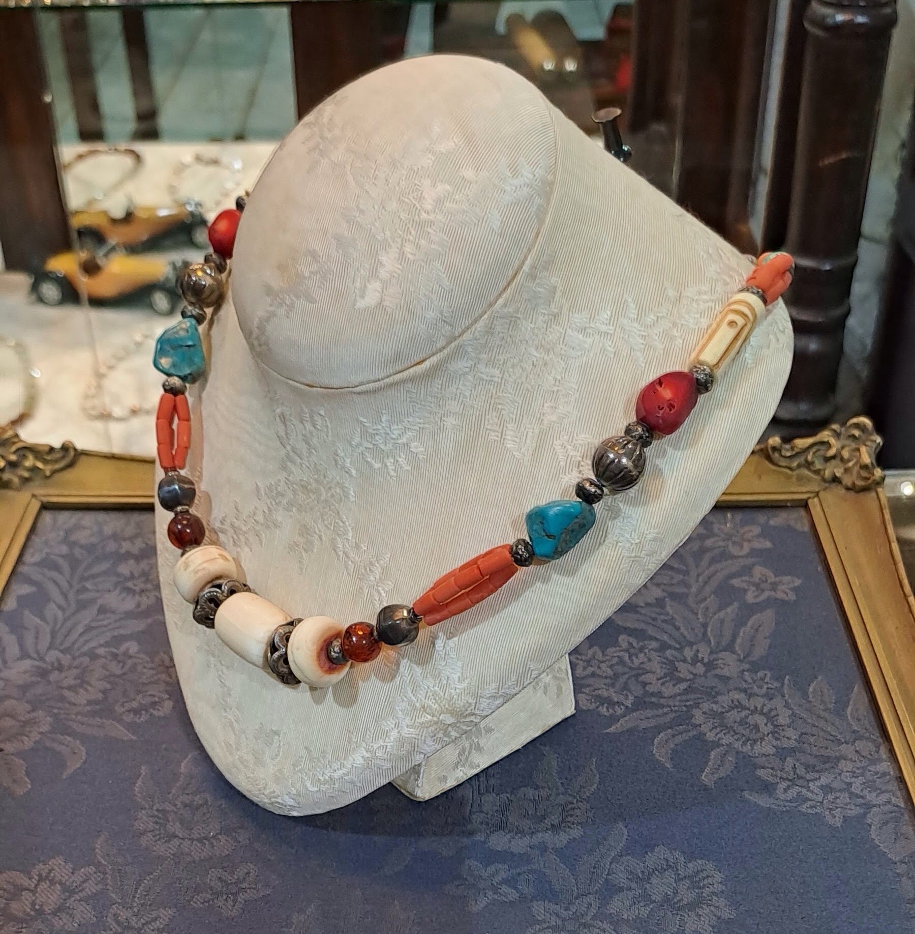 Necklace with Bone Stones amber corals turquoise stones and sterling silver