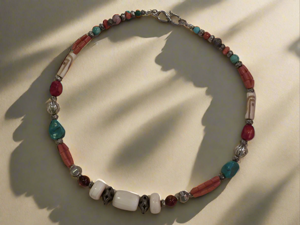 Necklace with Bone Stones amber corals turquoise stones and sterling silver