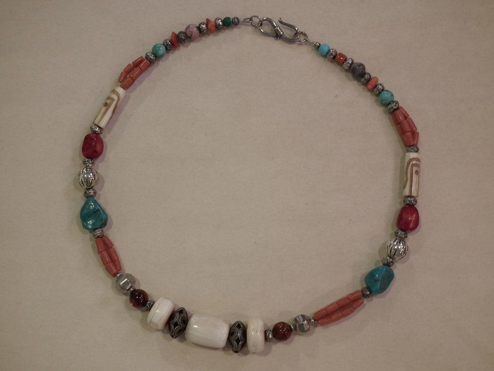 Necklace with Bone Stones amber corals turquoise stones and sterling silver