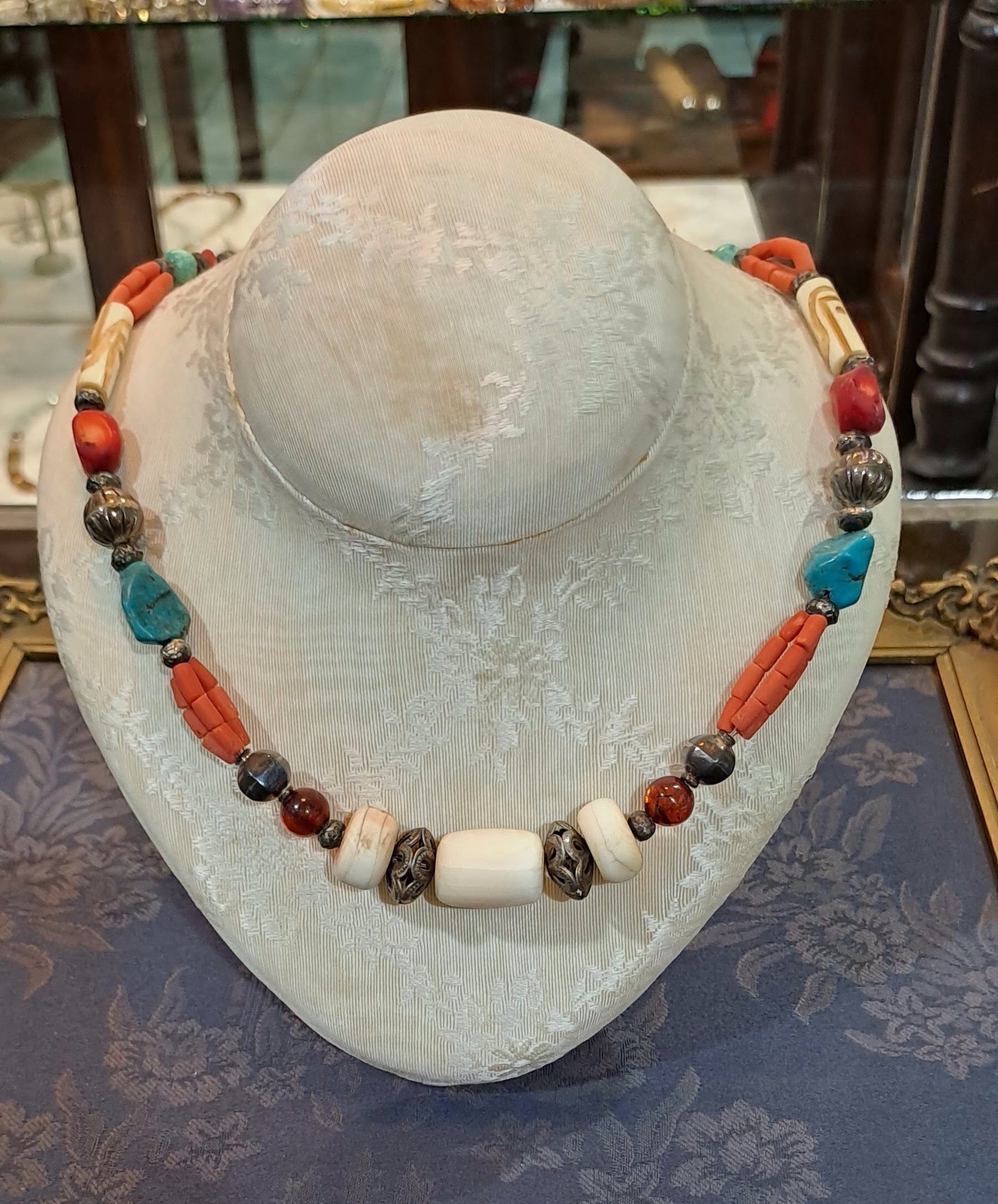 Necklace with Bone Stones amber corals turquoise stones and sterling silver