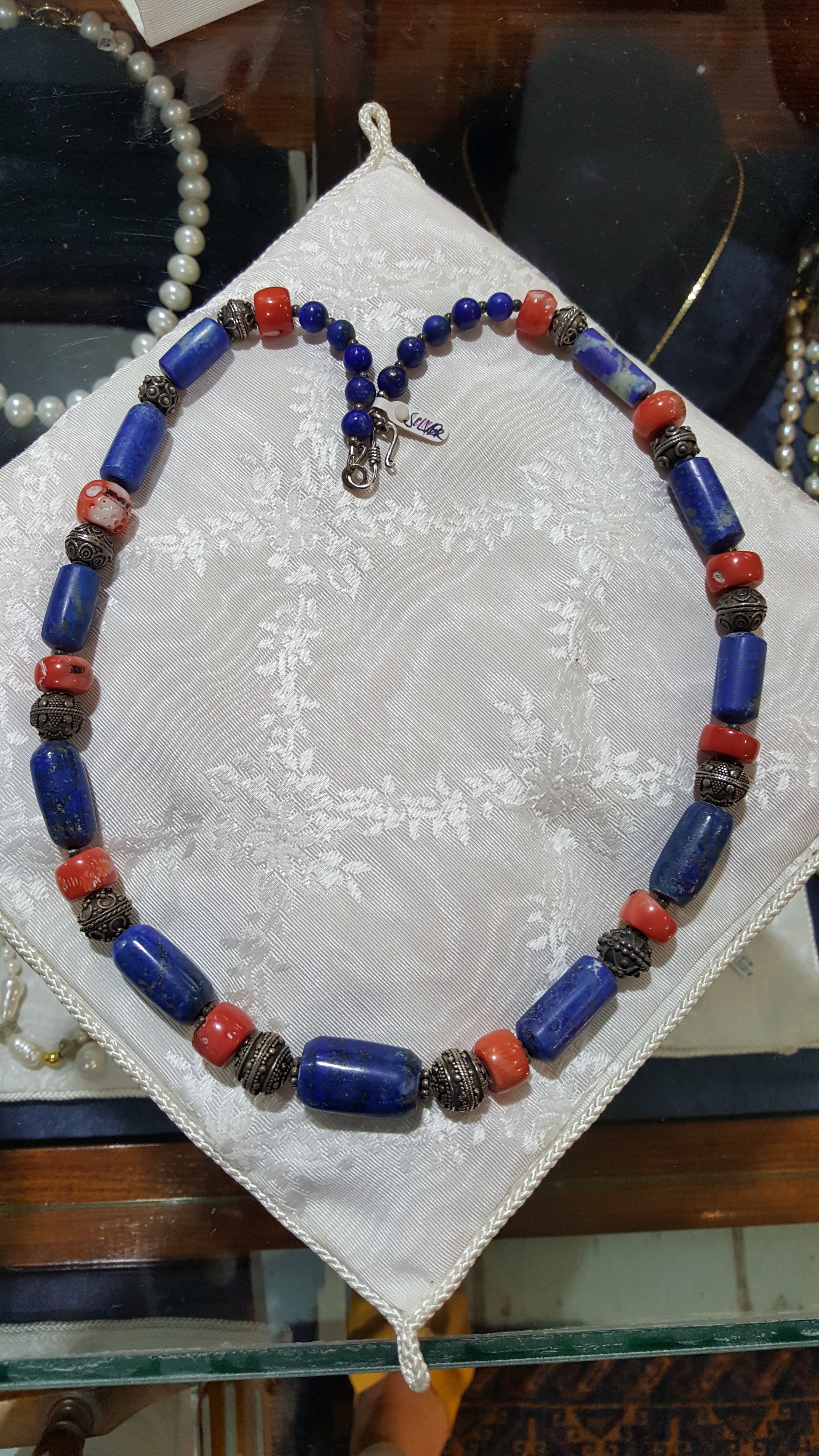 Necklace with Lapis Lazuli & Red Coral and sterling silver elements