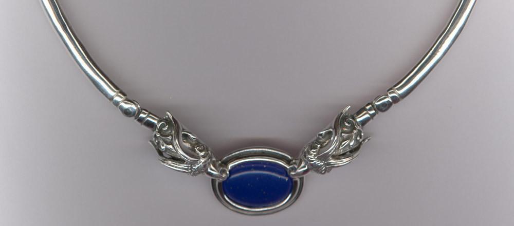 Ram Necklace, Ancient Greek Two Headed Ram Silver Necklace with Lapis Lazuli (PE-01)