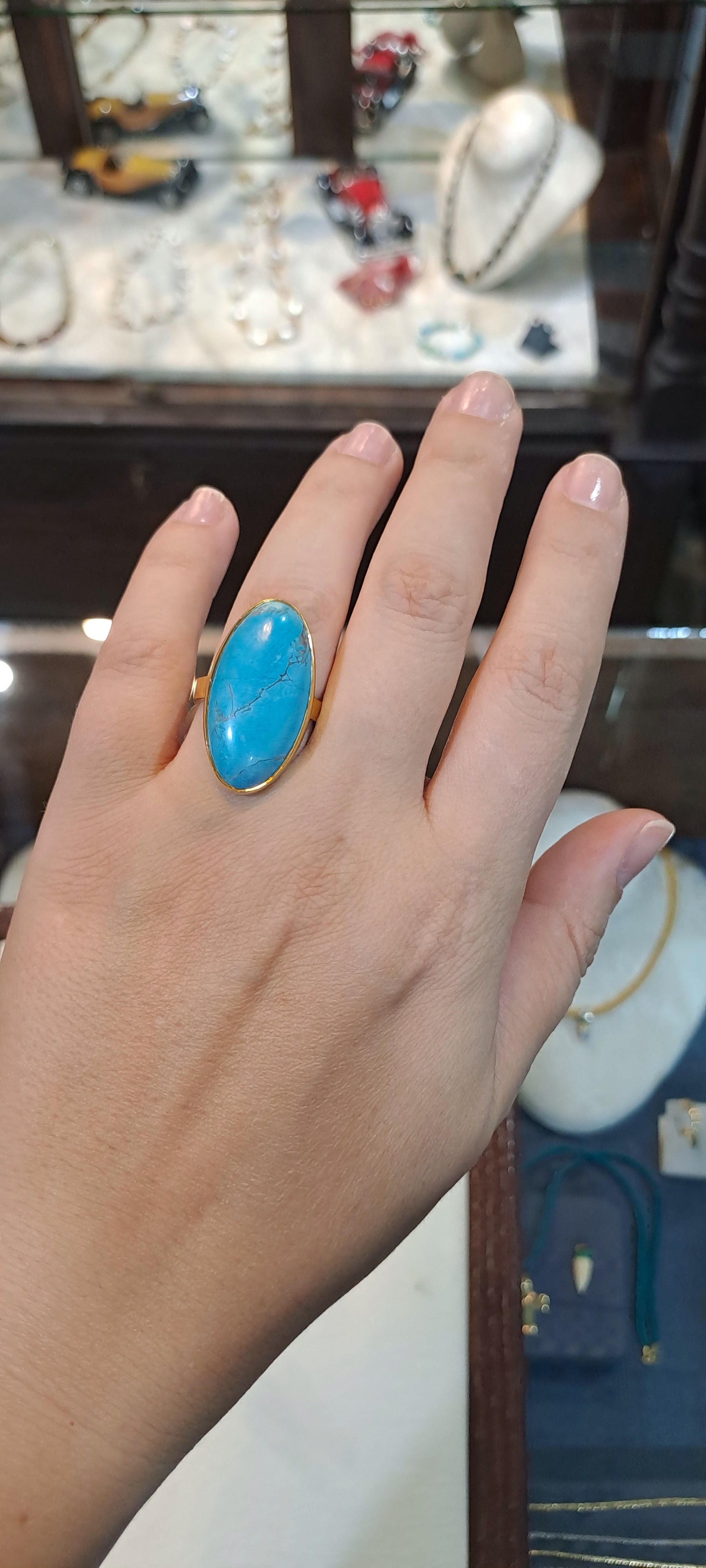 Ring in 18k Gold with an oval Arizona turquoise, Fine Ring, Handmade Ring, Greek Jewelry