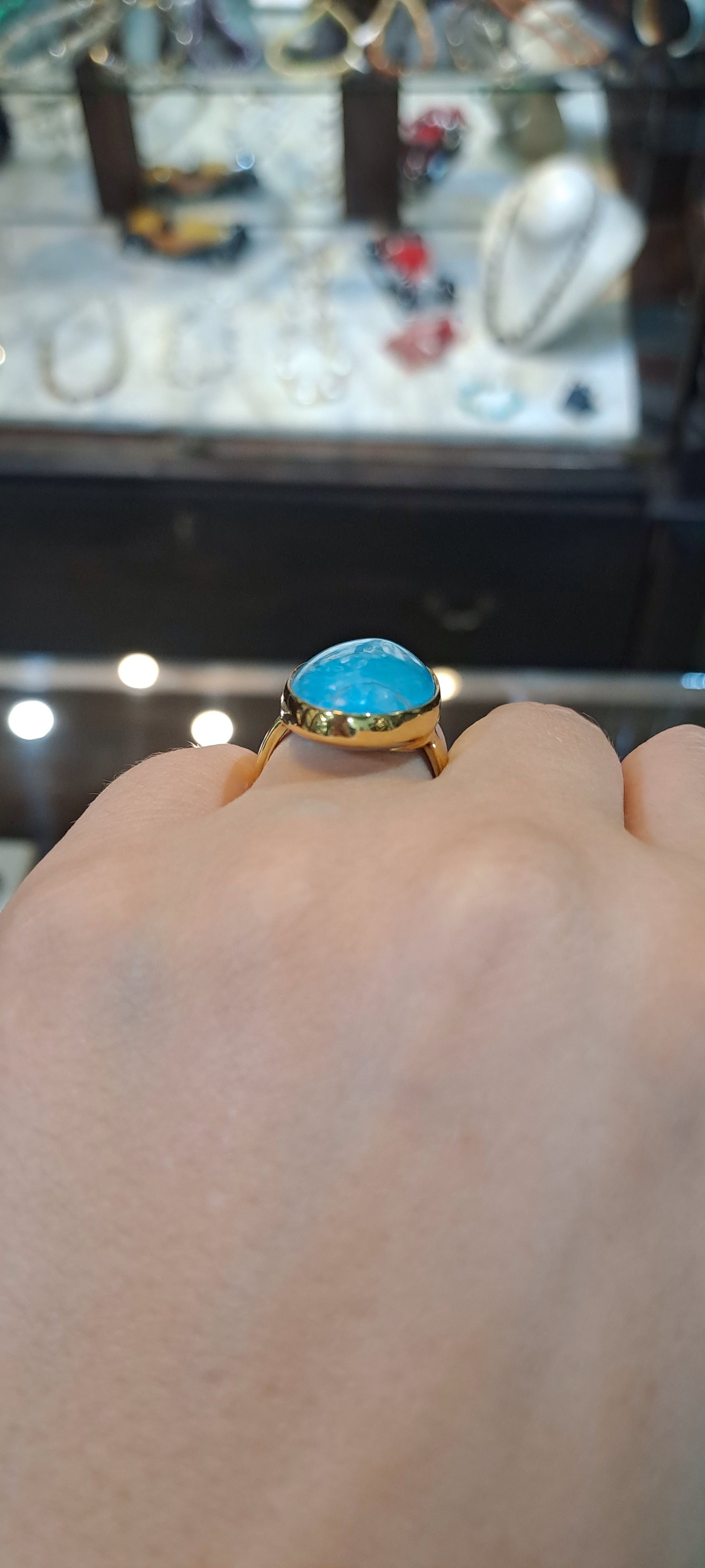 Ring in 18k Gold with an oval Arizona turquoise, Fine Ring, Handmade Ring, Greek Jewelry