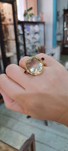 Ring in 18k with Lemon Topaz and Rubies, perforated gold, one of a kind ring