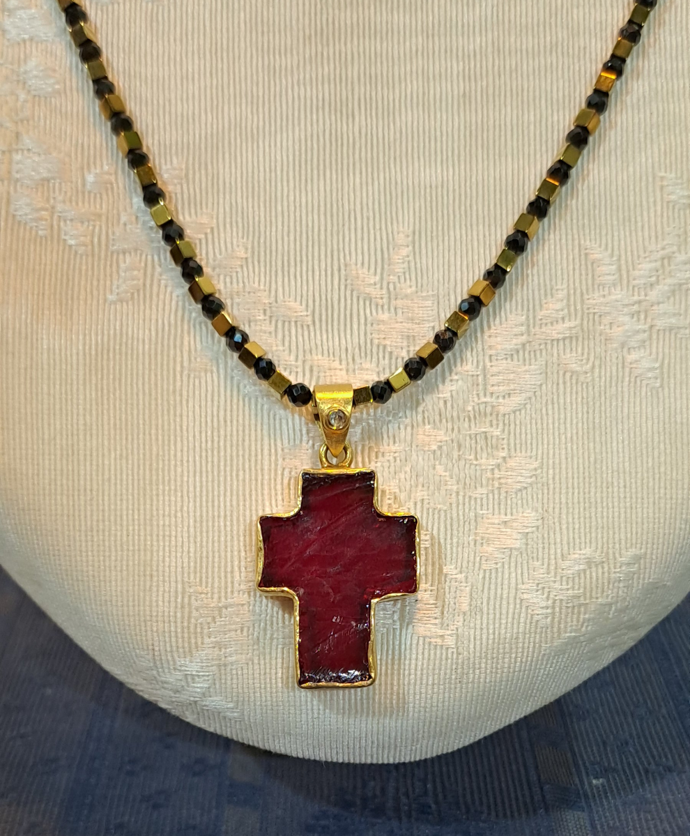 Ruby crystal cross 18k Gold with a 14k gold chain, one of a kind, Fine Cross Pendant, Handmade pendant, Greek Jewelry