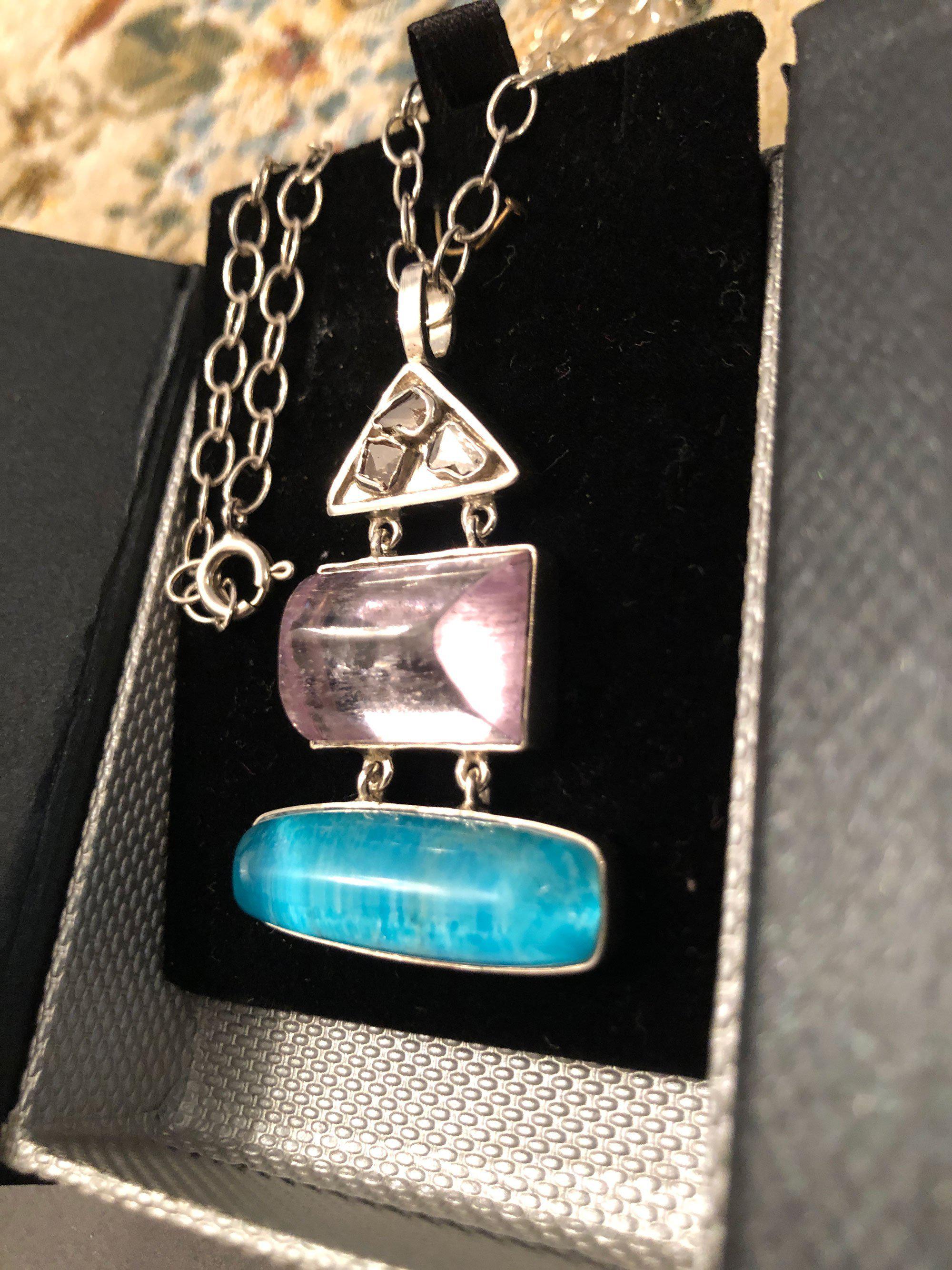 Sterling silver Pendant, Flower Pendant, Kunzite and Turquoise stones, Raw Crystal Diamond