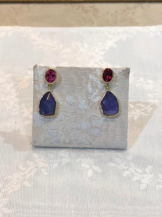 Tanzanite funcy cut and pink tourmaline 18k earrings, one of a kind, Fine earrings, handmade earrings, Greek jewelry