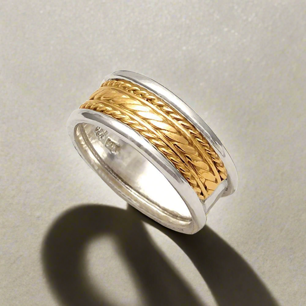 Three line rope ring in Sterling Silver with Gold 14k (DX-32)