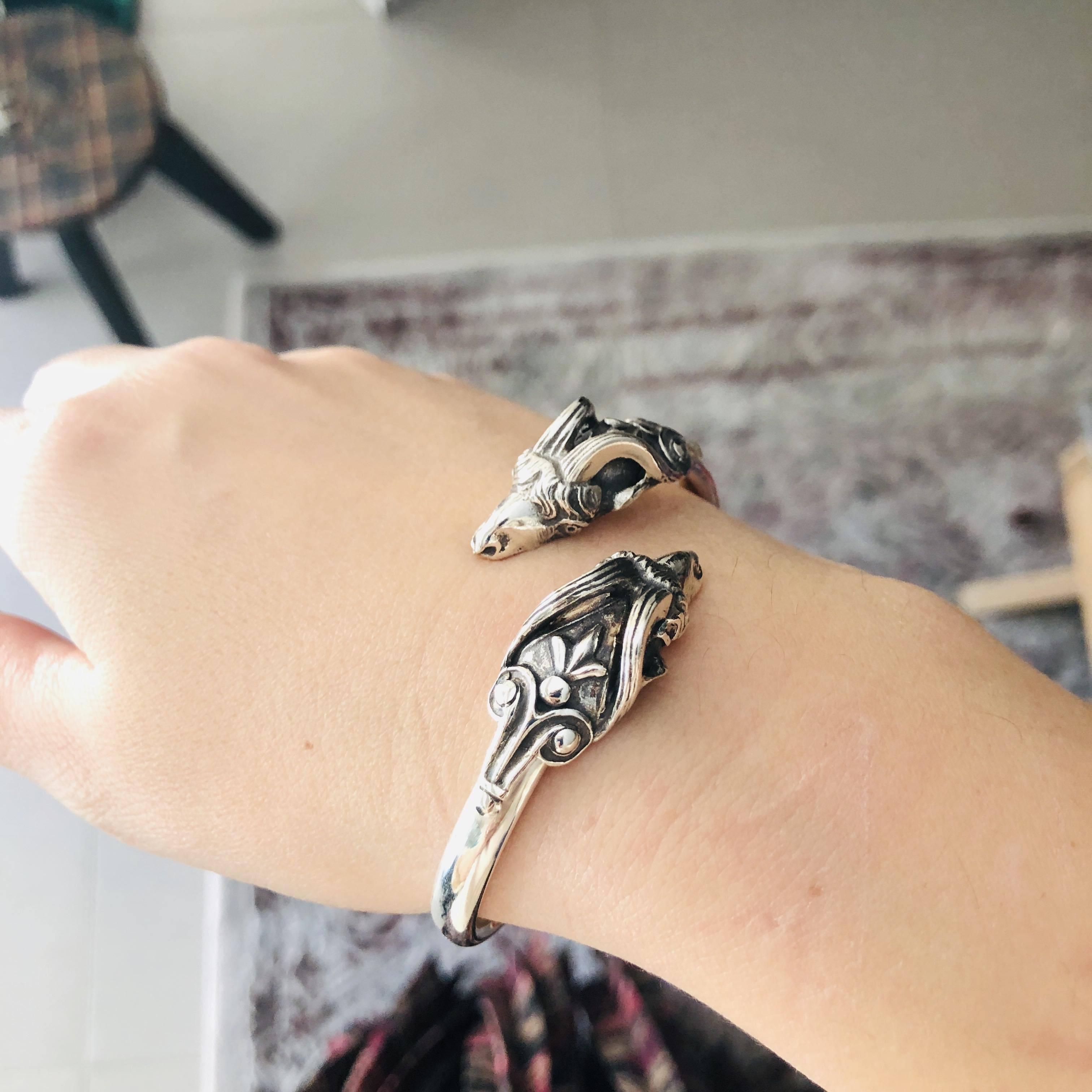 Double Rams Head Bangle Bracelet Sterling Silver 