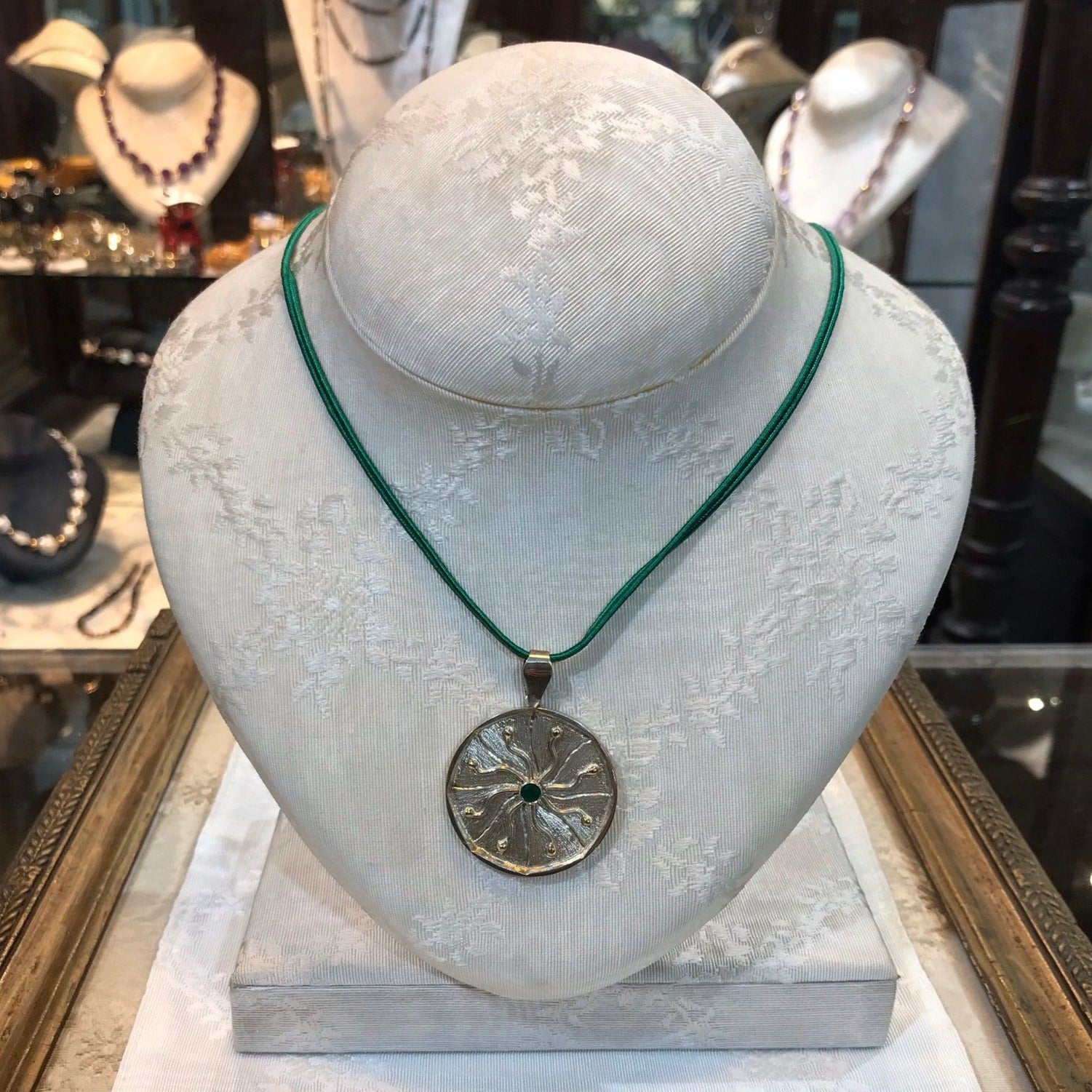 Sterling Silver and 14k Gold medallion with a green round stone Energy Medallion Handmade pendant Greek Jewelry ELEFTHERIOU EL Greek Jewelry